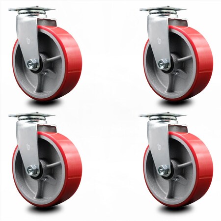 Service Caster 6 Inch Red Poly on Cast Iron Wheel Swivel Caster Set with Roller Bearings SCC SCC-20S620-PUR-RS-4